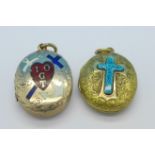 Two plated and enamel front lockets