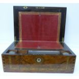 A 19th Century burr walnut and marquetry writing box with mother of pearl escutcheon and decoration