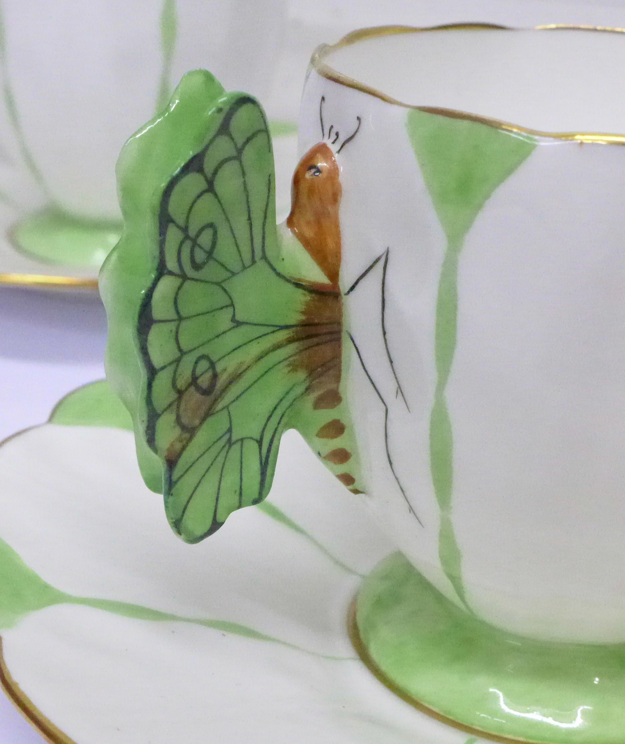 A rare Aynsley Green Harlequin Art Deco butterfly handle six setting coffee set, - Image 8 of 15