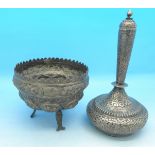 An Indian white metal cauldron and a lidded bottle vase,