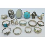 Fifteen silver and white metal rings