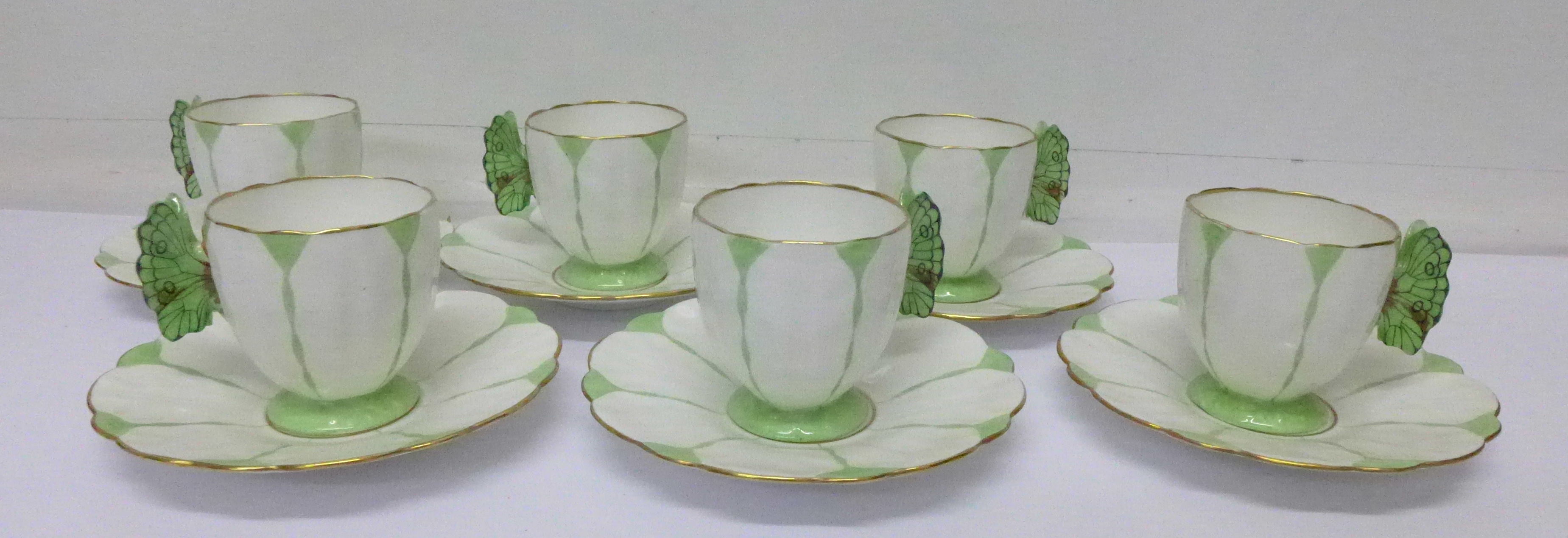 A rare Aynsley Green Harlequin Art Deco butterfly handle six setting coffee set, - Image 10 of 15