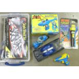 A Batman Waterblaster (unopened box), a toy gun, Batman Triple Attack Jet, boxed, Batman flashlight,