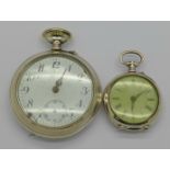 A continental silver pocket watch and continental silver fob watch,