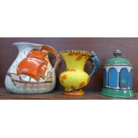 A Wadeheath jug, a bird handled jug and a Carlton ware lidded jar,