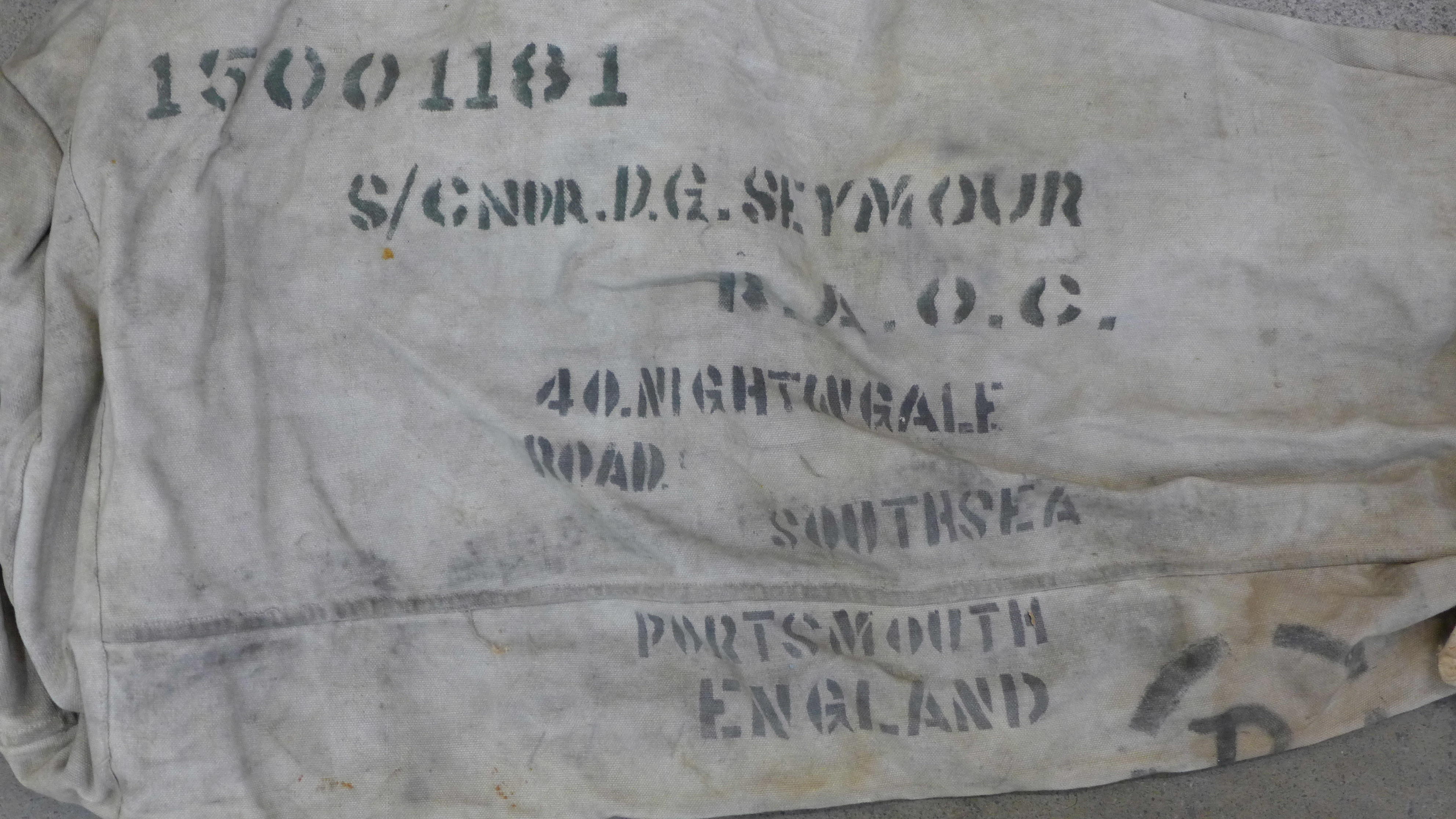 A WWII kit bag with 'D' ring and wash bag, to S/Cndr. D.G. Seymour R.A.O.C. - Image 2 of 2