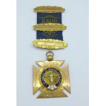 A 9ct gold RAOB medal with three 9ct gold year bars, total weight 26.