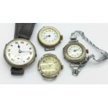 Three silver wristwatches and one other,