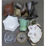 A terracotta teapot, art pottery, a pair of pewter goblets, etc.