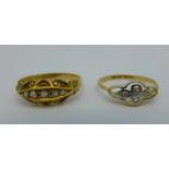 An 18ct gold and five stone ring and an 18ct gold and diamond ring, 2.3g, Q and 1.