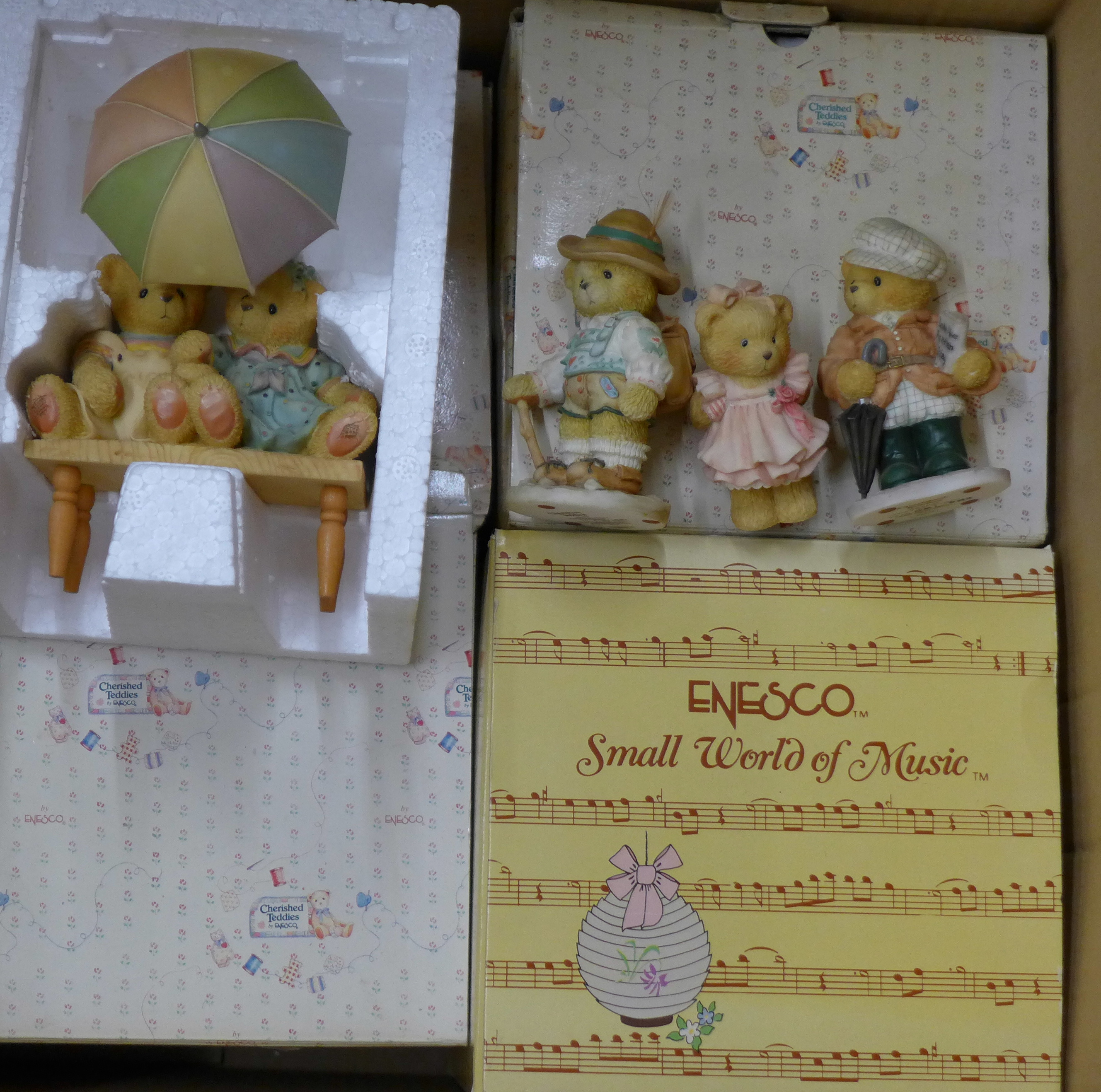 Ten Enesco musical boxes, including Cherished Teddies,