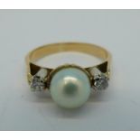 A yellow metal, pearl and diamond ring, 3.