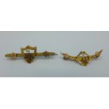 Two Victorian 9ct gold sweetheart brooches,