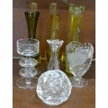 A collection of glass vases and a Wedgwood glass candlestick (10)