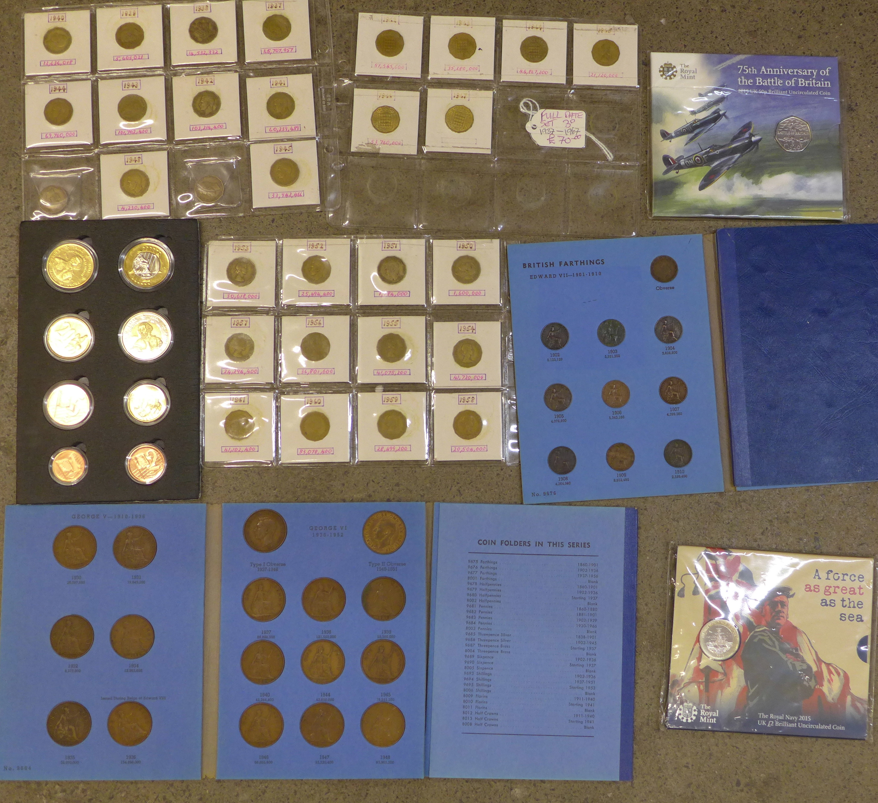 Great Britain coins including full date set of threepences, farthings and pennies, etc.