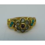 A Victorian 15ct gold, turquoise, pearl and red stone ring, pearls a/f, Birmingham 1863, 1.