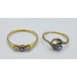 An 18ct gold, sapphire and diamond ring and one other ring lacking stone, 2.