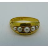 A Victorian 15ct gold, five pearl ring, Chester 1886, 2.