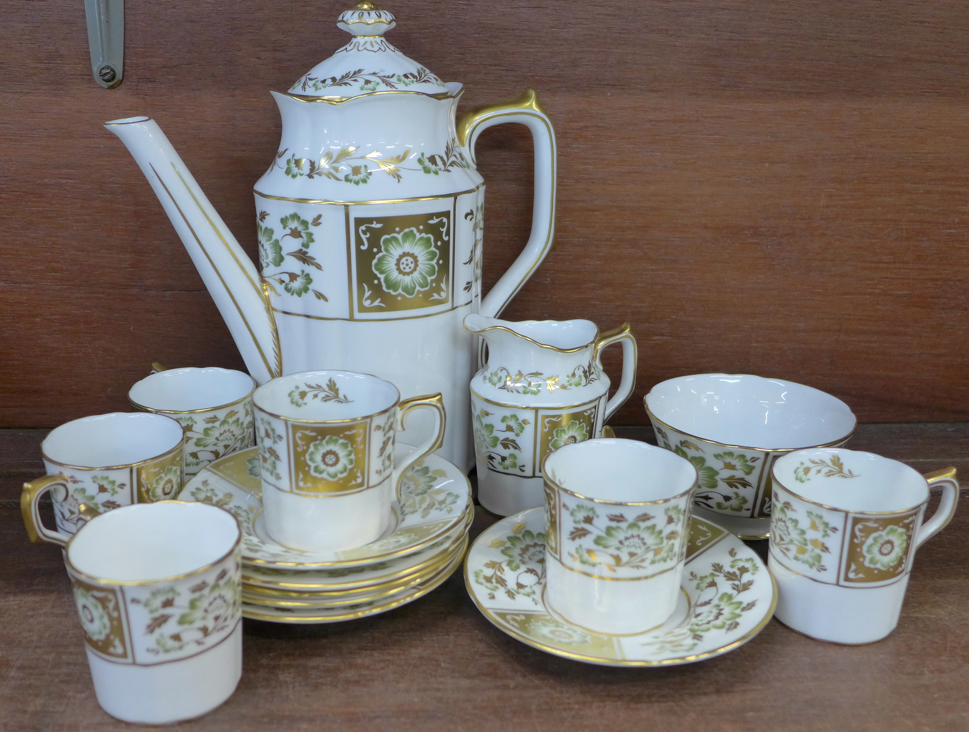 A Royal Crown Derby Green Derby Panel coffee service,