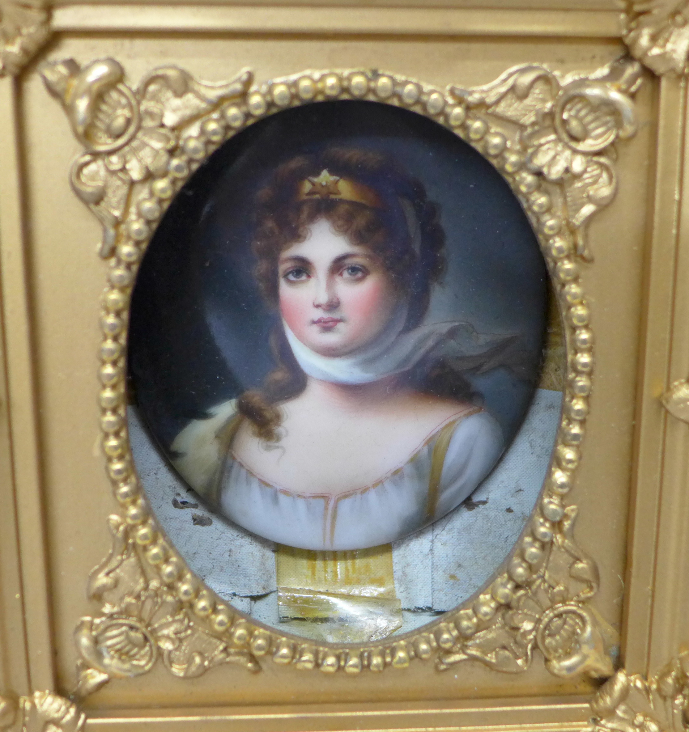 A set of three early 19th Century portrait miniatures of ladies, oval quarter length, on porcelain, - Image 3 of 4
