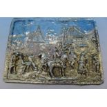 A Victorian silver embossed plaque, continental town scene with revellers, London 1898,