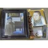 A framed oleograph of Queen Elizabeth I, a framed Vermeer print,