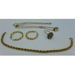 9ct gold jewellery; a pair of earrings, ring, a/f, bracelet and chain, 11.