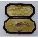 A 9ct gold Art Nouveau ruby and diamond brooch, 4.