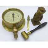 A James Dixon & Sons gunpowder measure, a novelty town crier brass inkwell,