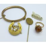 Two gold plated brooches, a bangle, stickpin and amber ring, M,