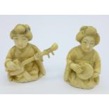 Two carved ivory okimonos, both musicians, c.