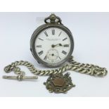 A silver pocket watch, fob and Albert chain,