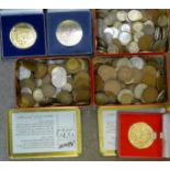 Three tins of coins and three Football Association medallions, 4.