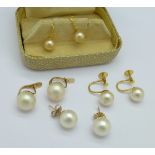 Four pairs of pearl earrings, two marked 9ct, total weight 9.