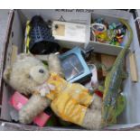 Die-cast model vehicles, children's toys, Teddy bear, Dalek, etc.