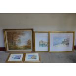 Four Tony Slater Venetian landscapes, watercolours and a landscape,