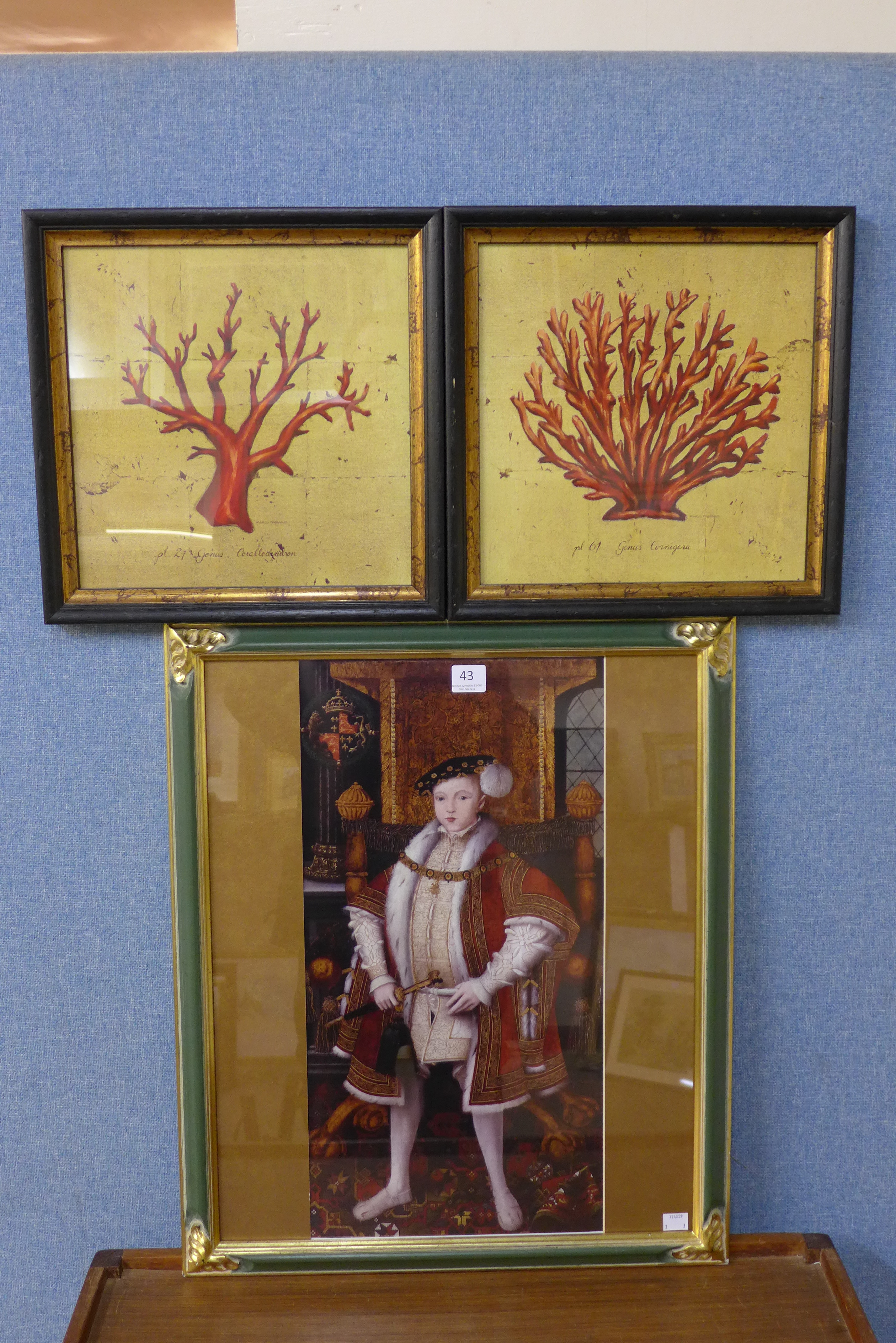 A print of Edward VI and a pair of Danish coral prints,