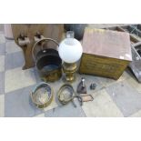 A brass oil lamp, coal box, etc.