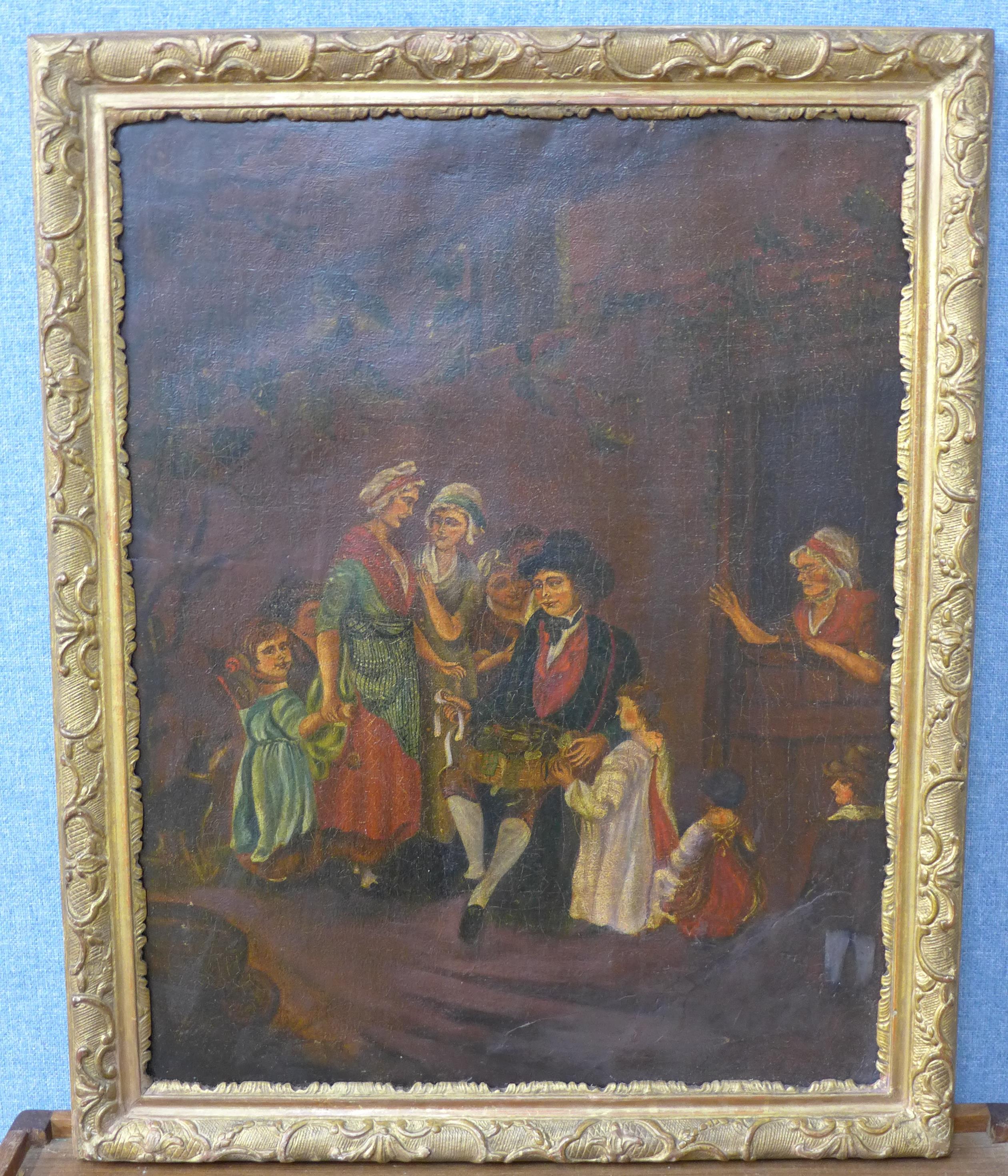 American School, primitive scene of a street vendor, oil on board,