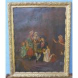 American School, primitive scene of a street vendor, oil on board,