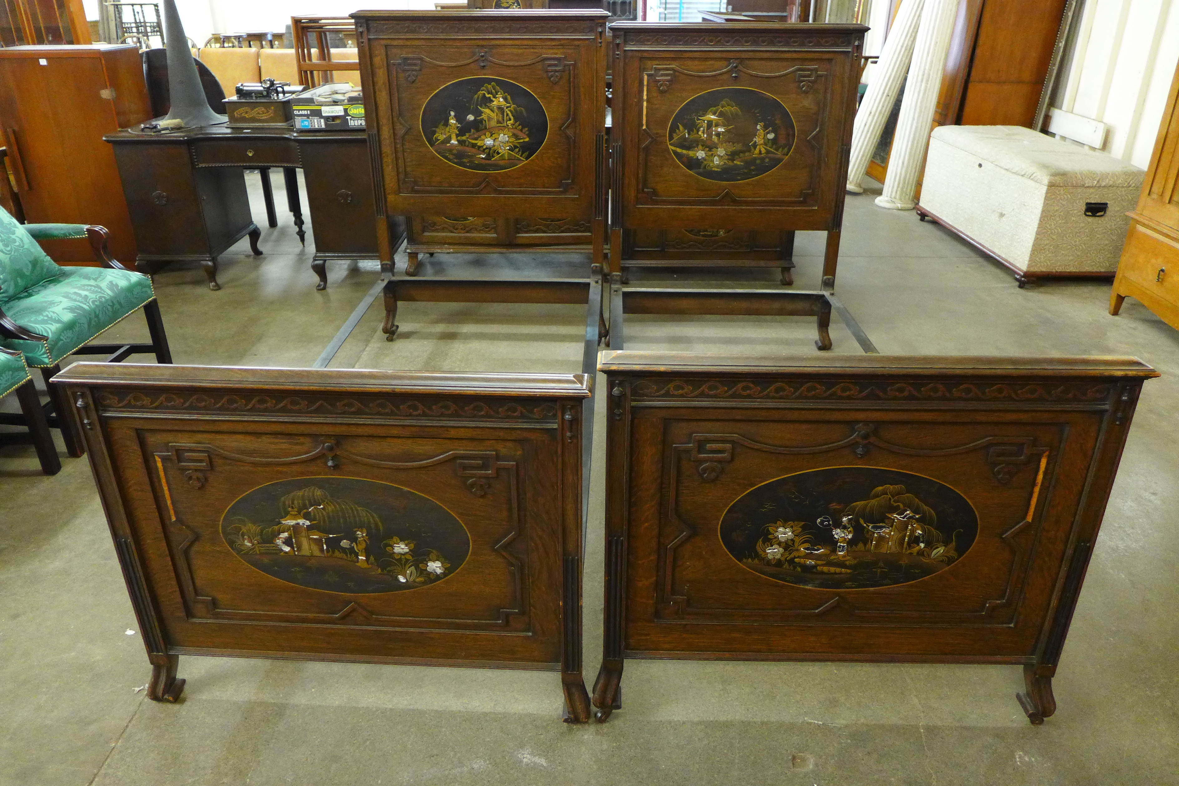 An oak six piece bedroom suite, decorated with lacquered Japanned panels, - Image 2 of 3