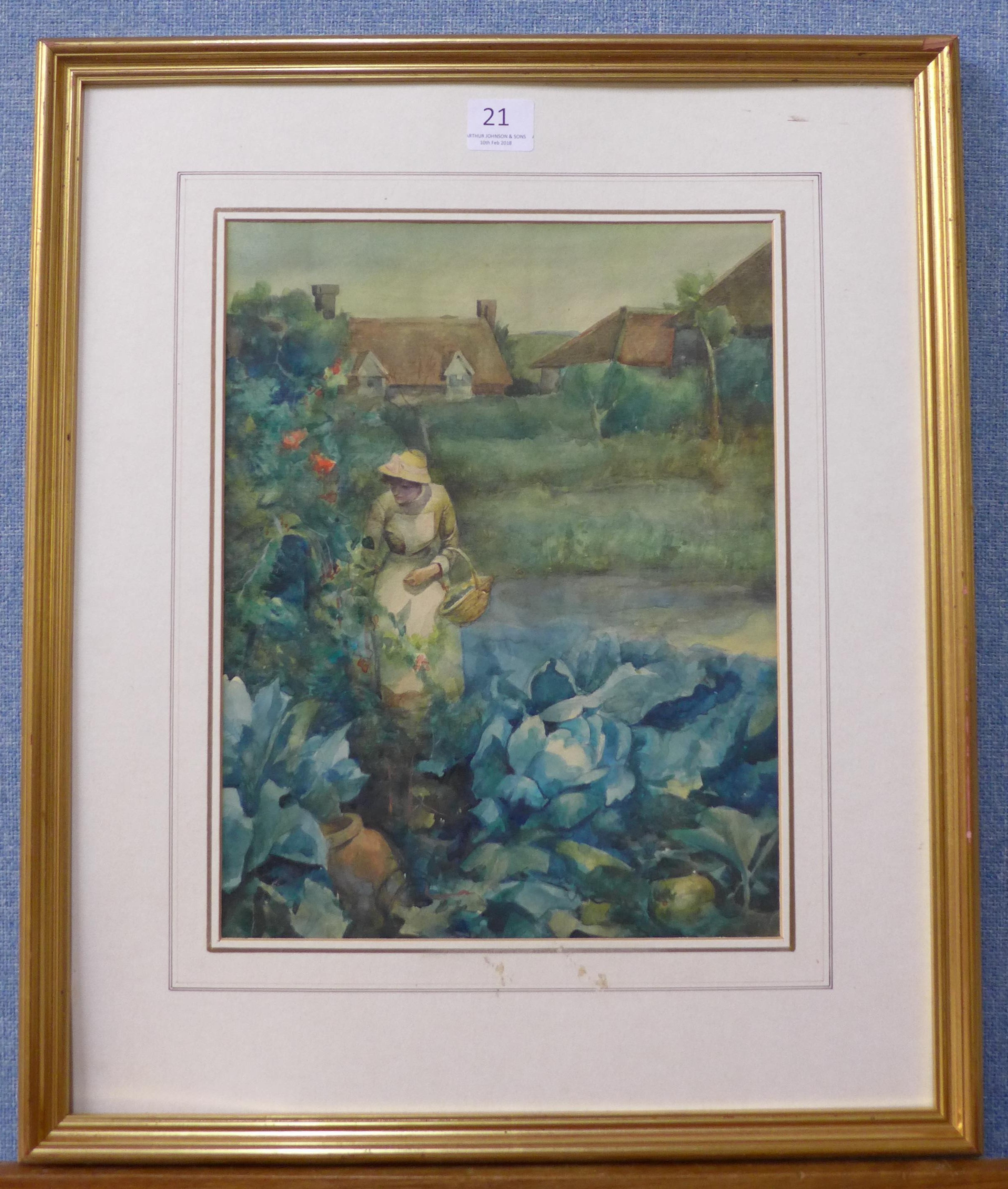 English School (early 20th Century), lady picking flowers in a garden,