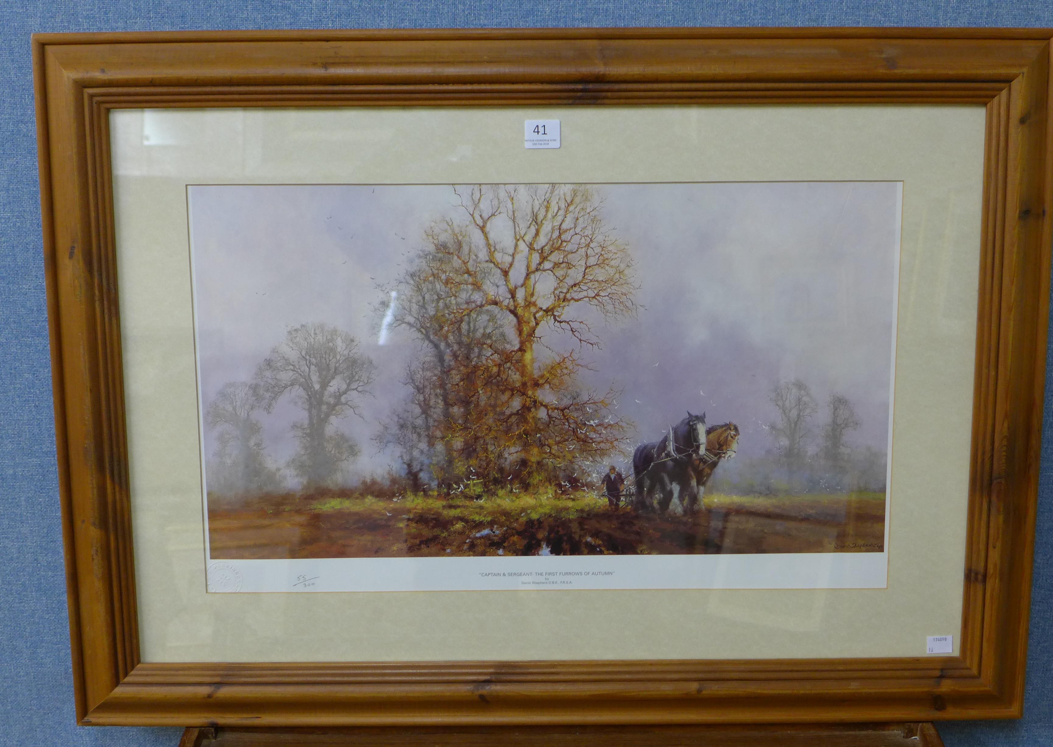 A David Shepherd signed limited edition print, Captain & Sergeant - The First Furrows of Autumn,