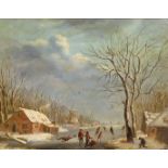 Dutch School (19th Century), winter landscape with figures on a frozen river, oil on board,