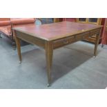 A Victorian oak double sided six drawer library table