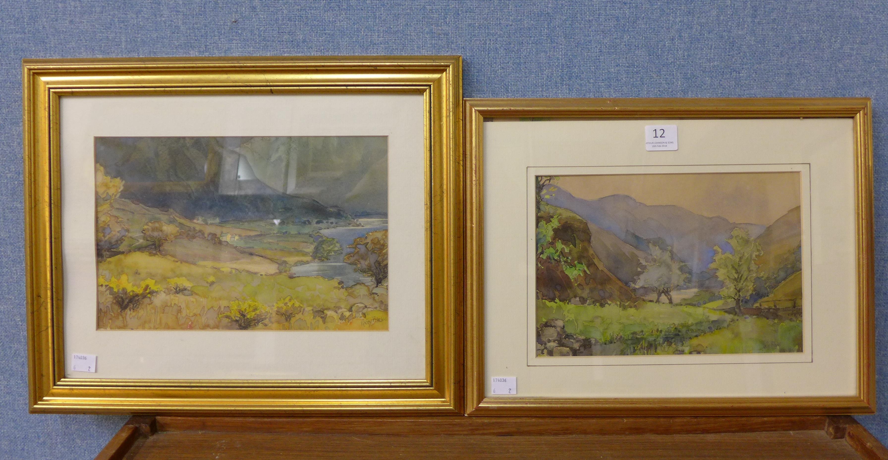 Stacey Blake, pair of River Dove landscapes, watercolour,