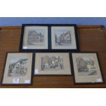 Sid Gardner, set of four views of Nottingham, pen and ink,