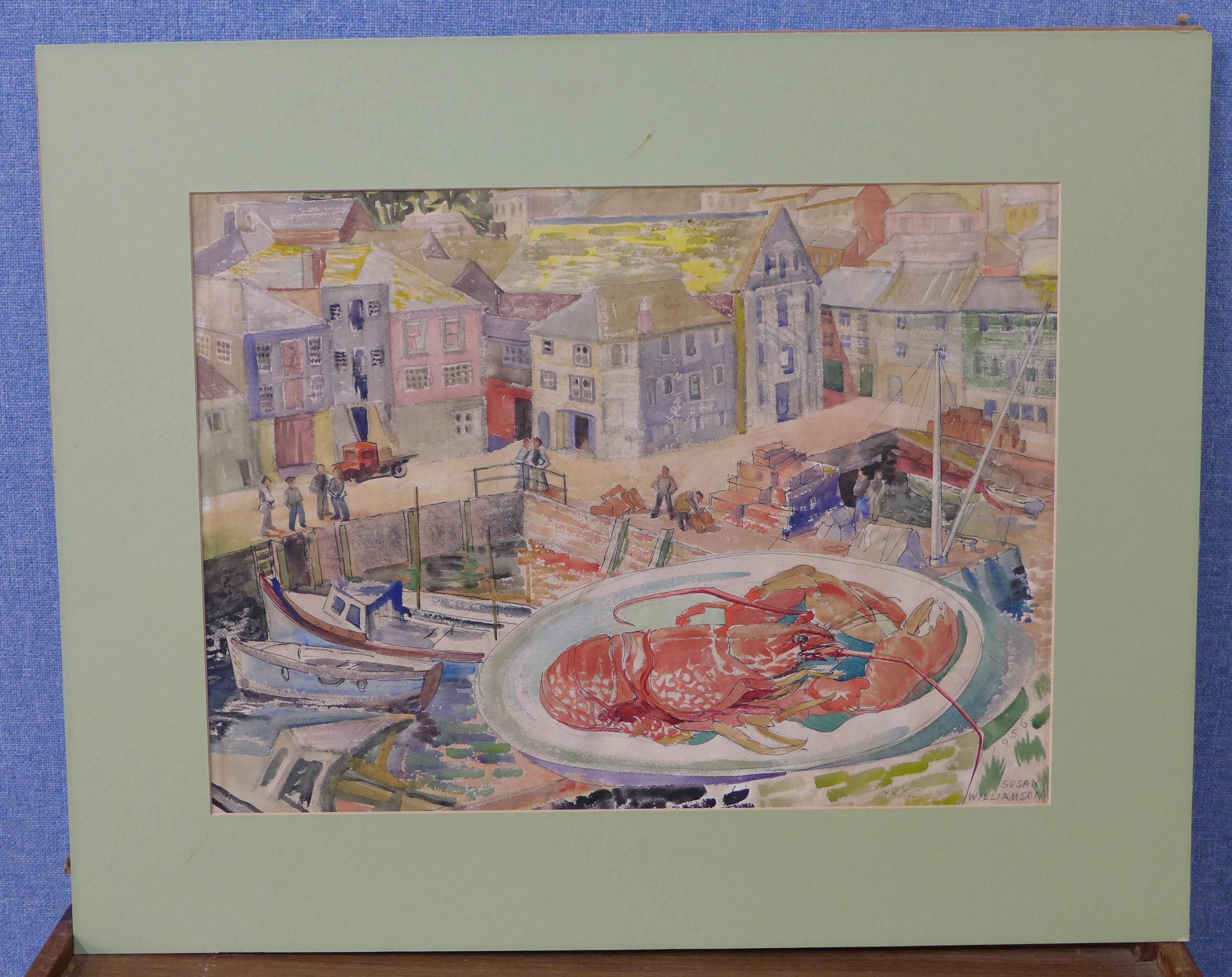 Susan Williamson, view of a harbour and lobster, watercolour,