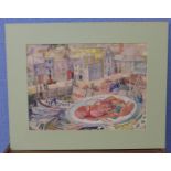 Susan Williamson, view of a harbour and lobster, watercolour,