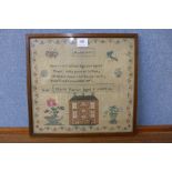 An early 19th Century sampler, Marie Farrar, Hyde Court, aged 9 years, framed,